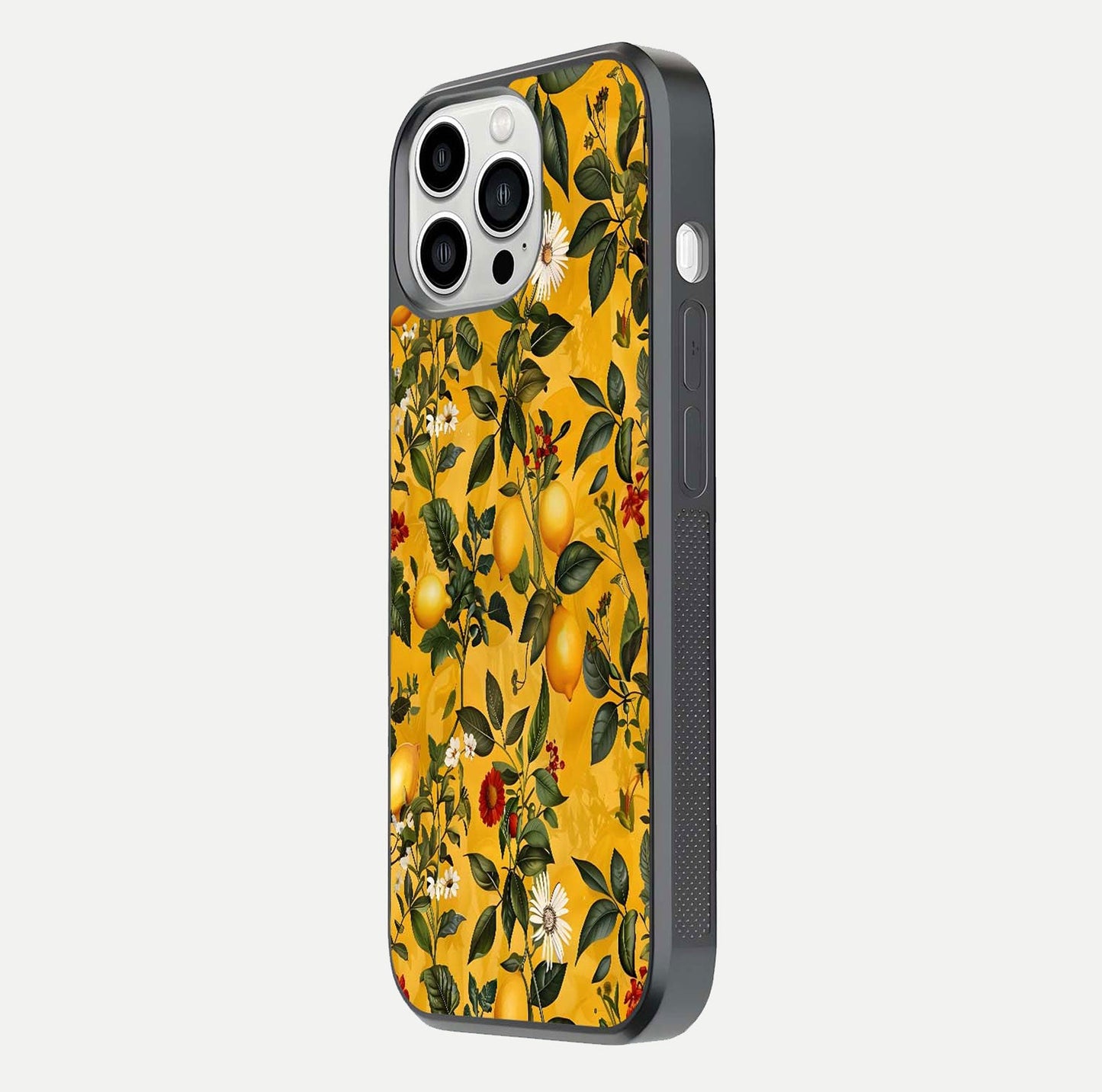 Golden Lemon Field Glass Case for iPhone 13 Pro Max side-angle image showing reflection clarity and juicy color tone