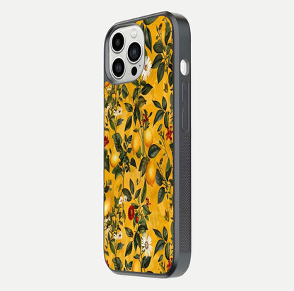 Golden Lemon Field Glass Case for iPhone 13 Pro Max side-angle image showing reflection clarity and juicy color tone