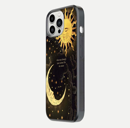 Golden Lunar Love Glass Case for iPhone 13 Pro Max side-angle image showing reflection brilliance and smooth golden tone