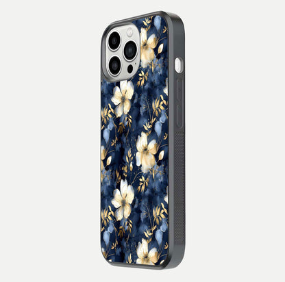 Golden Midnight Bloom Glass Case for iPhone 13 Pro Max side-angle image showing shine depth and elegant edge design