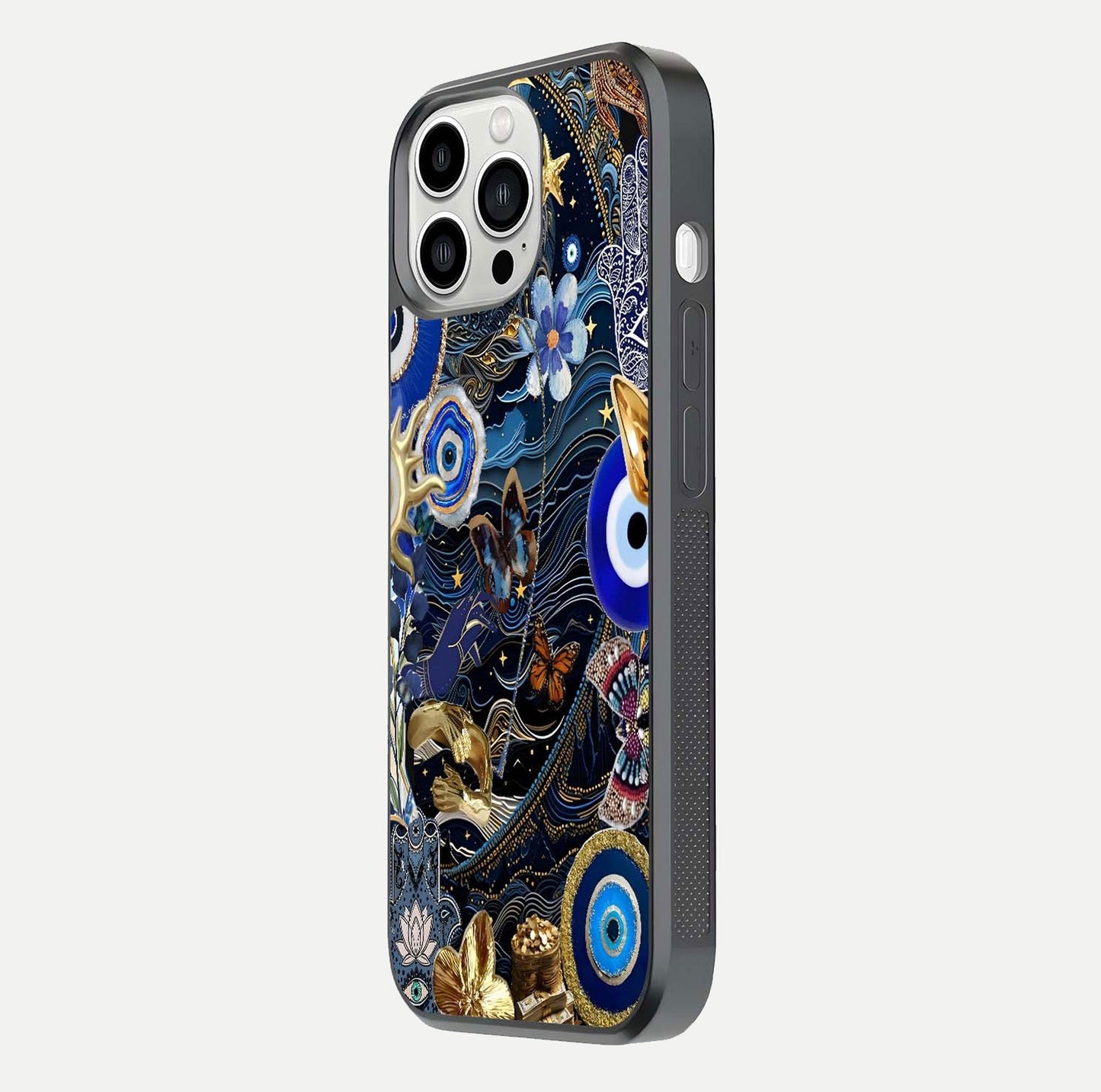 Golden Moon Magic Glass Case for iPhone 13 Pro Max side-angle image showing reflection glow, curved polish, and moon detail