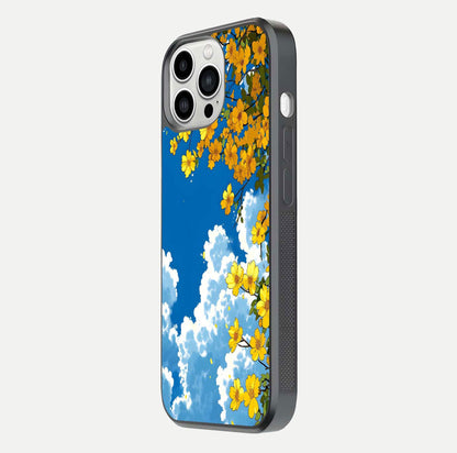 Golden Petal Sky Glass Case for iPhone 13 Pro Max side-angle image showing reflection depth and metallic floral tones