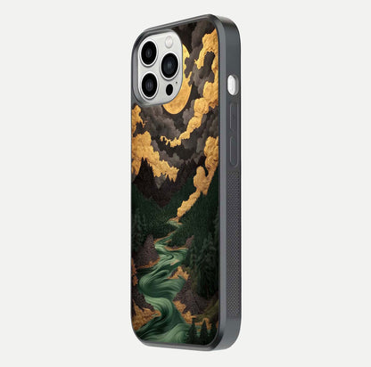 Golden River Moon Glass Case for iPhone 13 Pro Max side-angle image showing reflection clarity and detailed nightscape