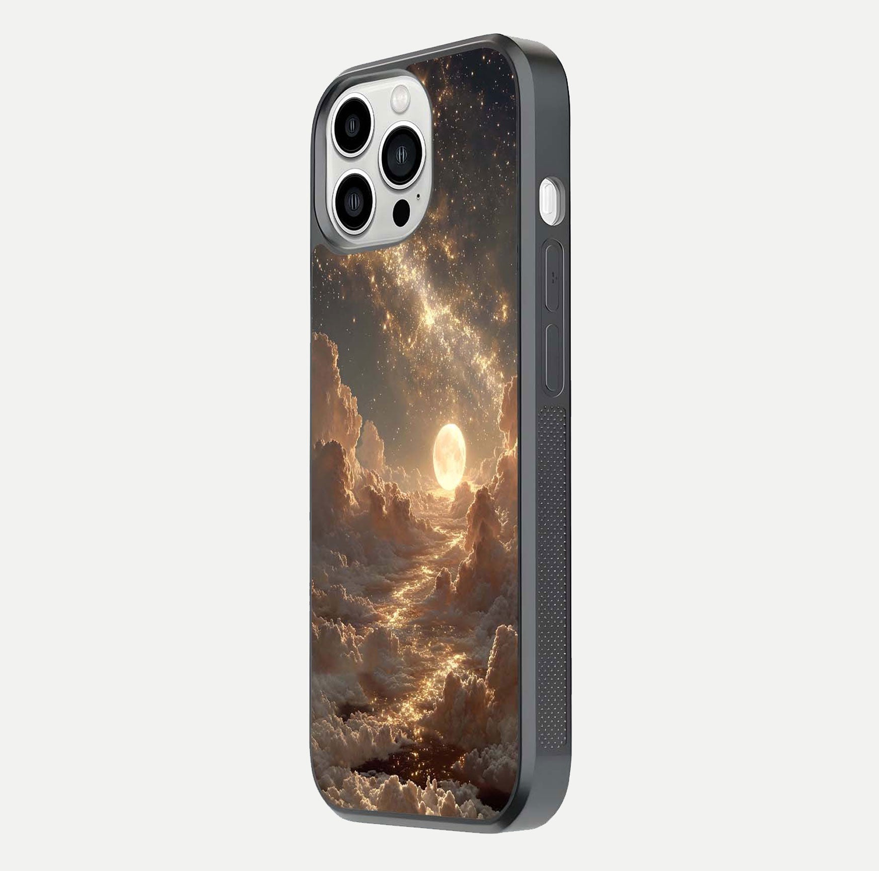 Golden Sky Dream Glass Case for iPhone 13 Pro Max side-angle image showing reflection shine and smooth surface