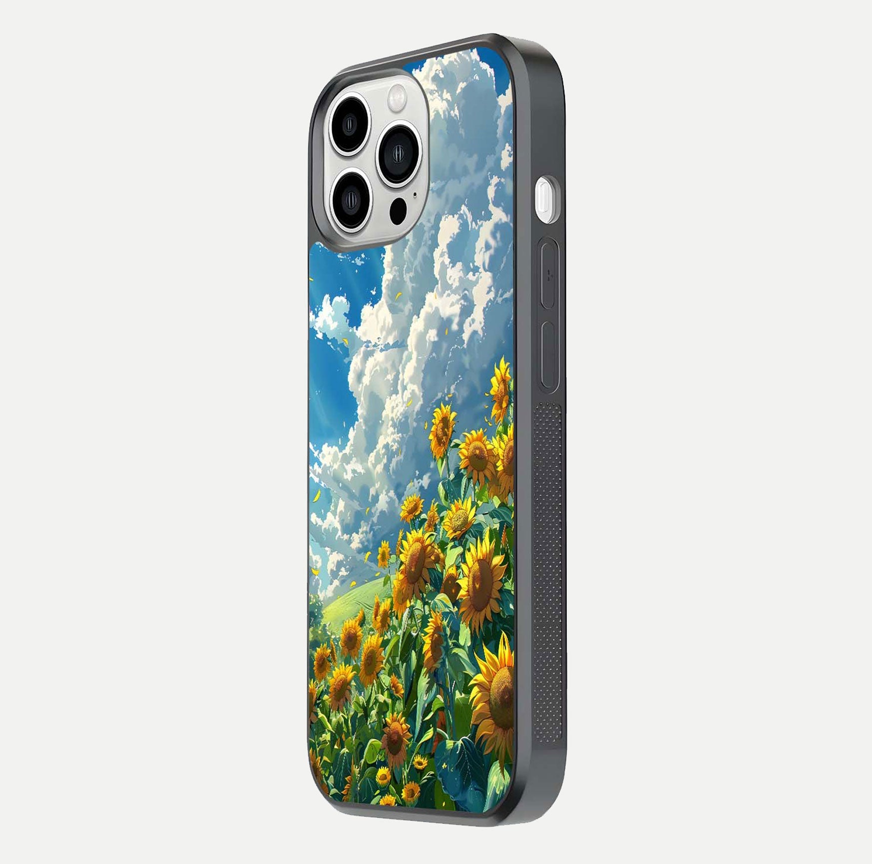 Golden Sun Glory Glass Case for iPhone 13 Pro Max side-angle image showing reflection glow and luminous texture