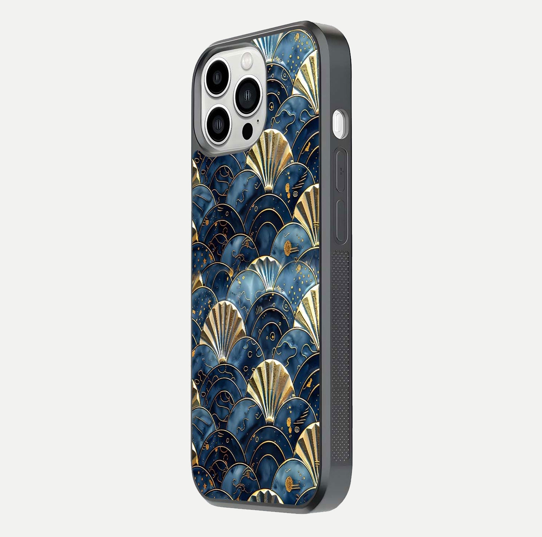 Golden Wave Luxe Glass Case for iPhone 13 Pro Max side-angle image showing reflection clarity and polished finish