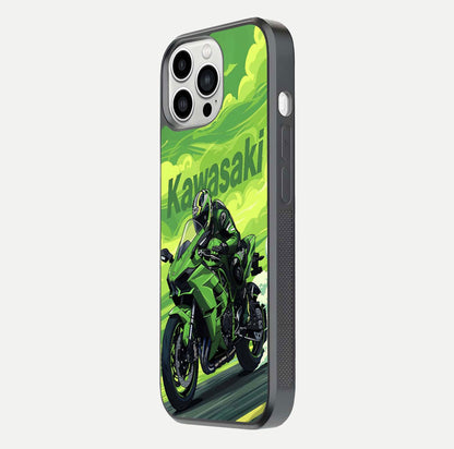 Green Kawasaki Glass Case for iPhone 13 Pro Max side-angle image showing reflection depth and metallic green accent