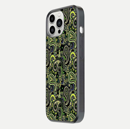 Green Mandala Pattern Glass Case for iPhone 13 Pro Max side-angle image showing reflection clarity and detailed pattern lines