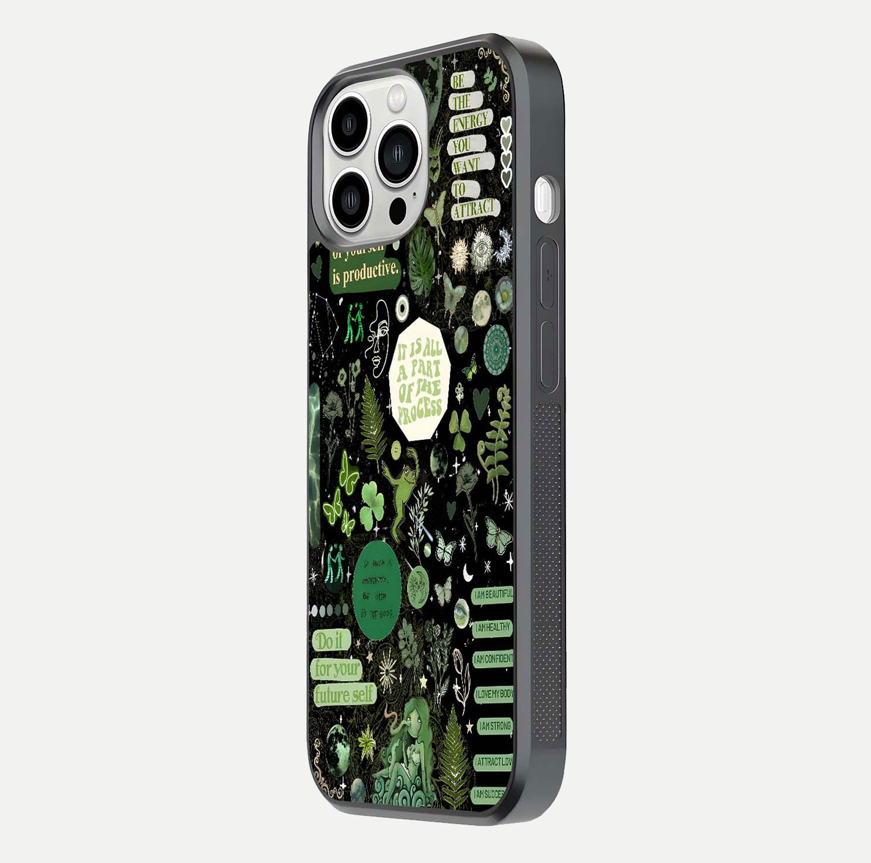 Green Moon Energy Glass Case for iPhone 13 Pro Max side-angle image showing reflection brilliance and curved finish