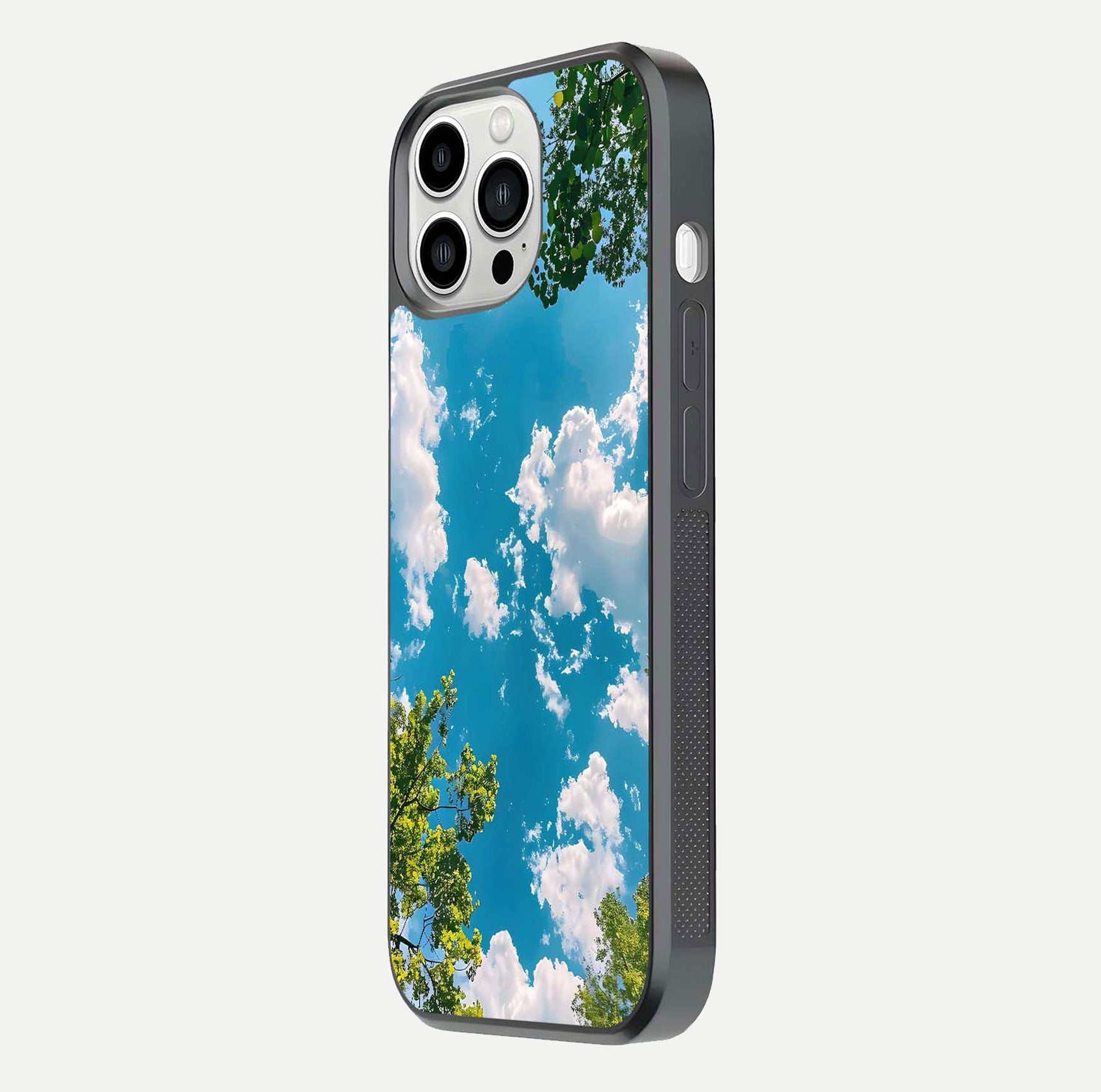 Greenery Sky Glass Case for iPhone 13 Pro Max side-angle image showing reflection glow and nature-themed pattern