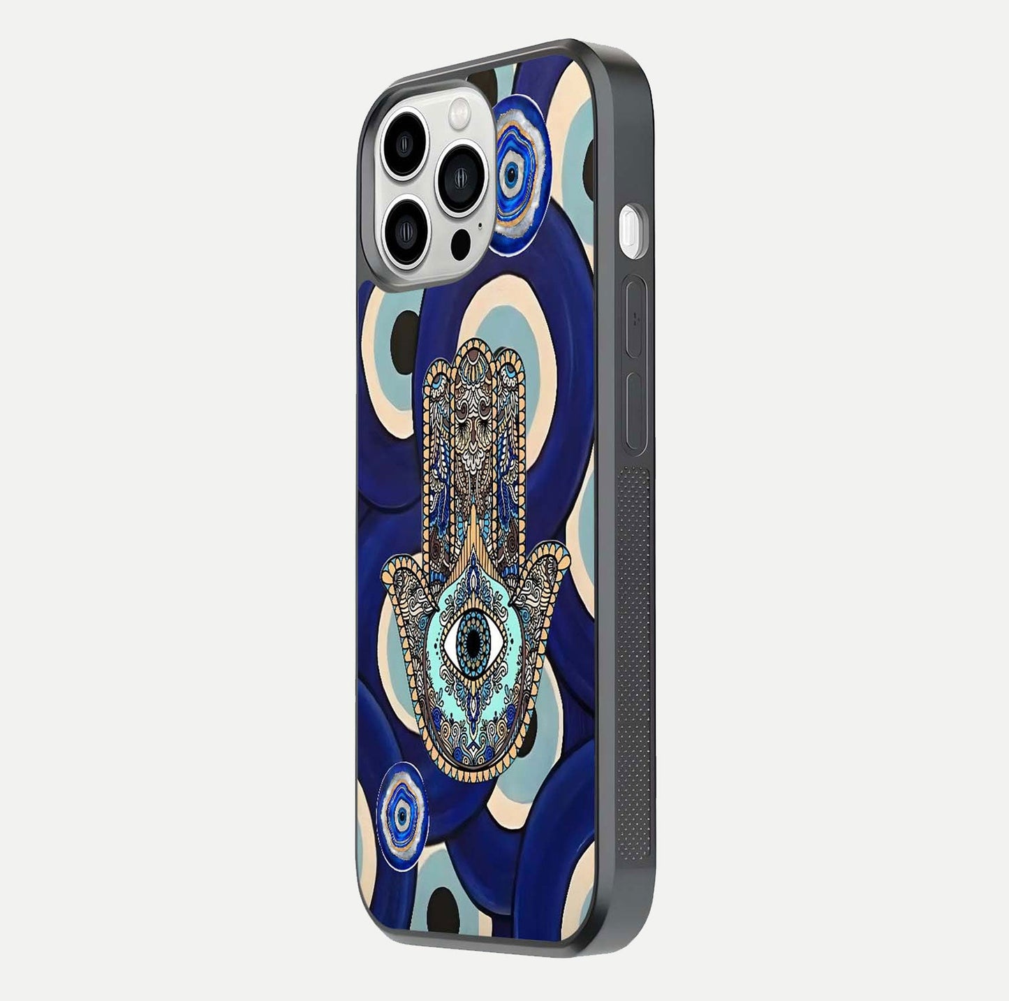 Hamsa Divine Guard Glass Case for iPhone 13 Pro Max side-angle image showing reflection brilliance and protective design