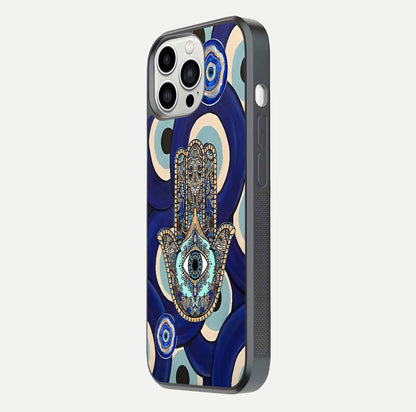 Hamsa Divine Guard Glass Case for iPhone 13 Pro Max side-angle image showing reflection brilliance and protective design