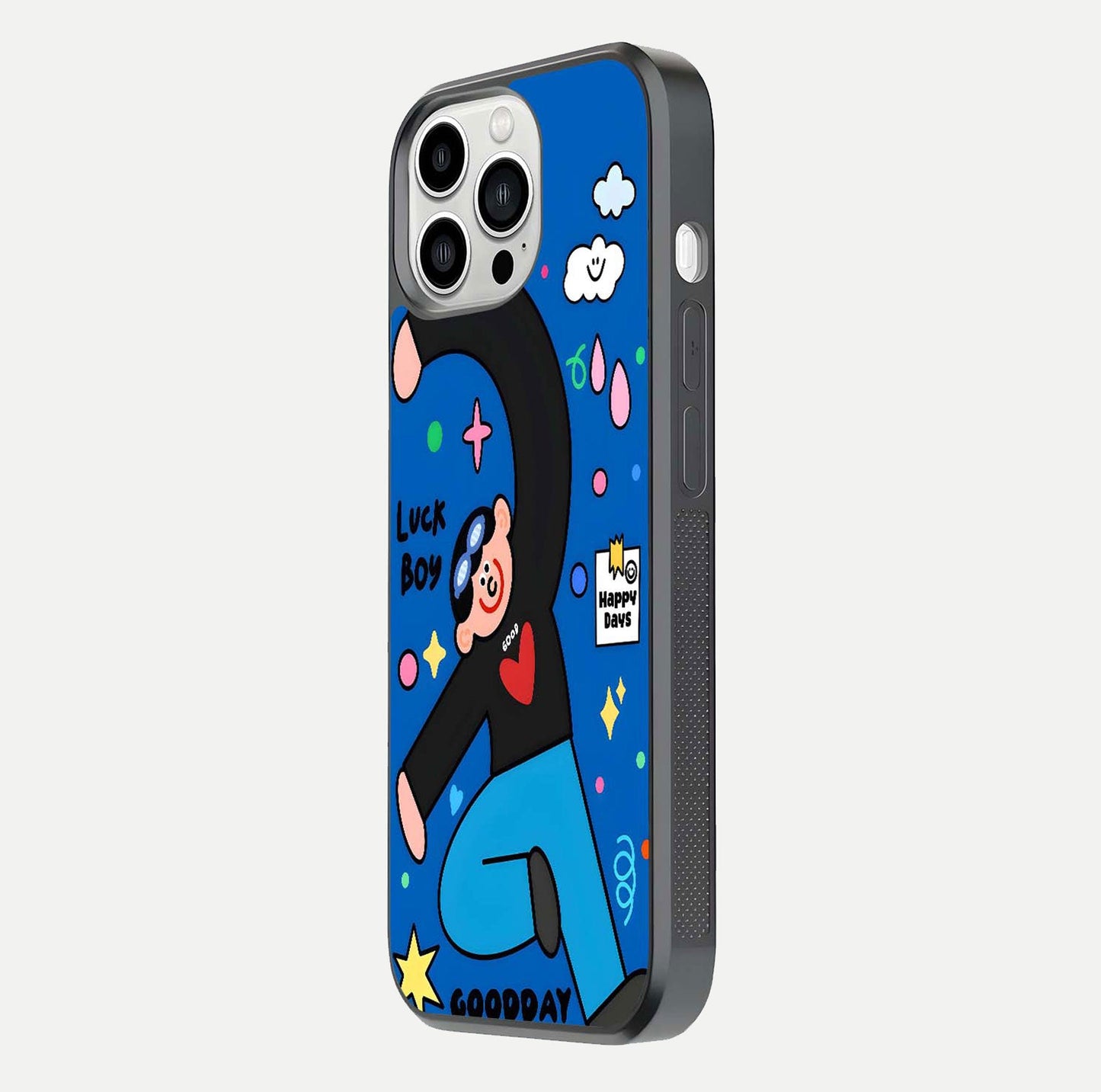Happy Luck Vibe Glass Case for iPhone 13 Pro Max side-angle image showing reflection polish and vivid charm design