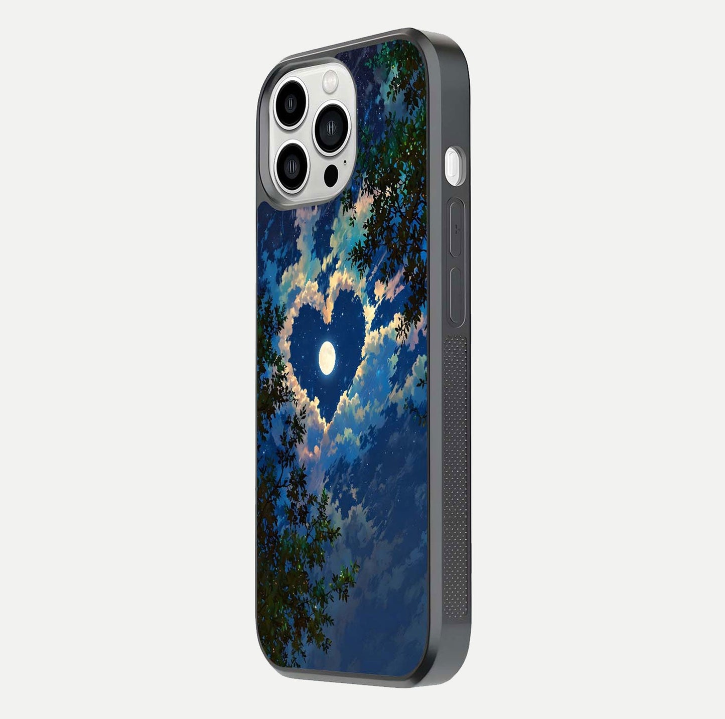 Heart with Moon Sky Glass Case for iPhone 13 Pro Max side-angle image showing reflection brightness and soft tone finish