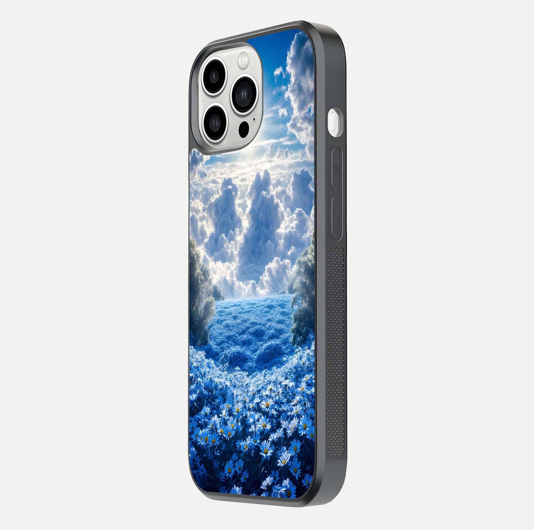 Heavenly Daisy Horizon Glass Case for iPhone 13 Pro Max side-angle image showing reflection depth and floral glow