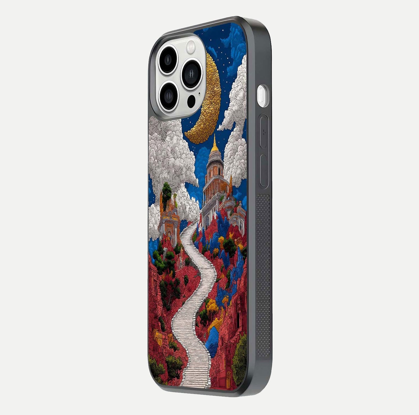 Heavenly Moon Path Glass Case for iPhone 13 Pro Max side-angle image showing reflection clarity and serene moon glow