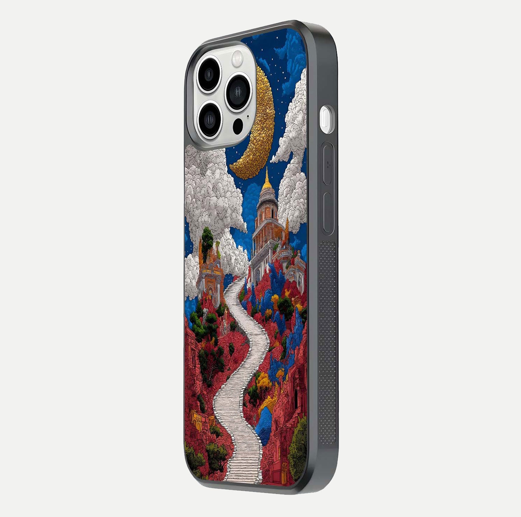 Heavenly Moon Path Glass Case for iPhone 13 Pro Max side-angle image showing reflection clarity and serene moon glow