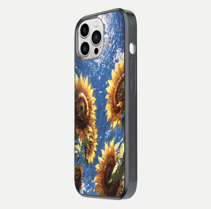 Heavenly Sunflower Rise Glass Case for iPhone 13 Pro Max side-angle image showing reflection glow and soft yellow tone