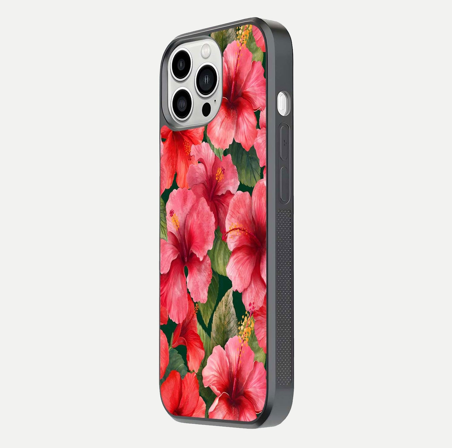 Hibiscus Pattern Glass Case for iPhone 13 Pro Max side-angle image showing reflection brightness and floral detailing