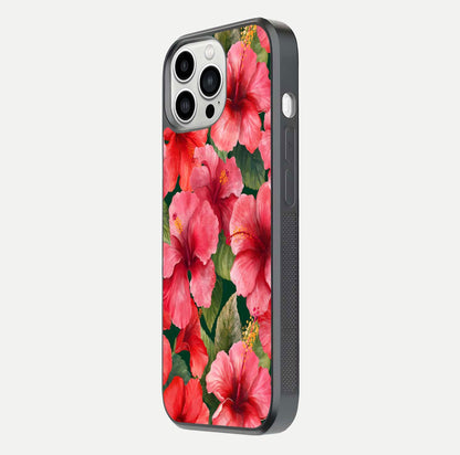 Hibiscus Pattern Glass Case for iPhone 13 Pro Max side-angle image showing reflection brightness and floral detailing