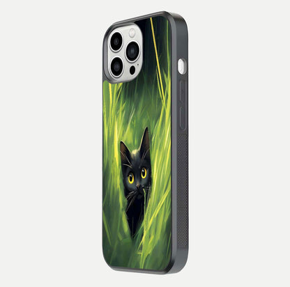 Hidden Cat Whisper Glass Case for iPhone 13 Pro Max side-angle image showing reflection glow and subtle artistic texture