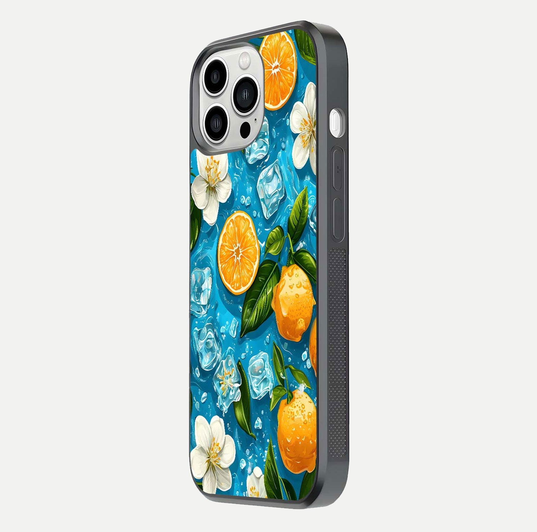 Ice Cube With Orange Glass Case for iPhone 13 Pro Max side-angle image showing reflection brightness and juicy pattern detail