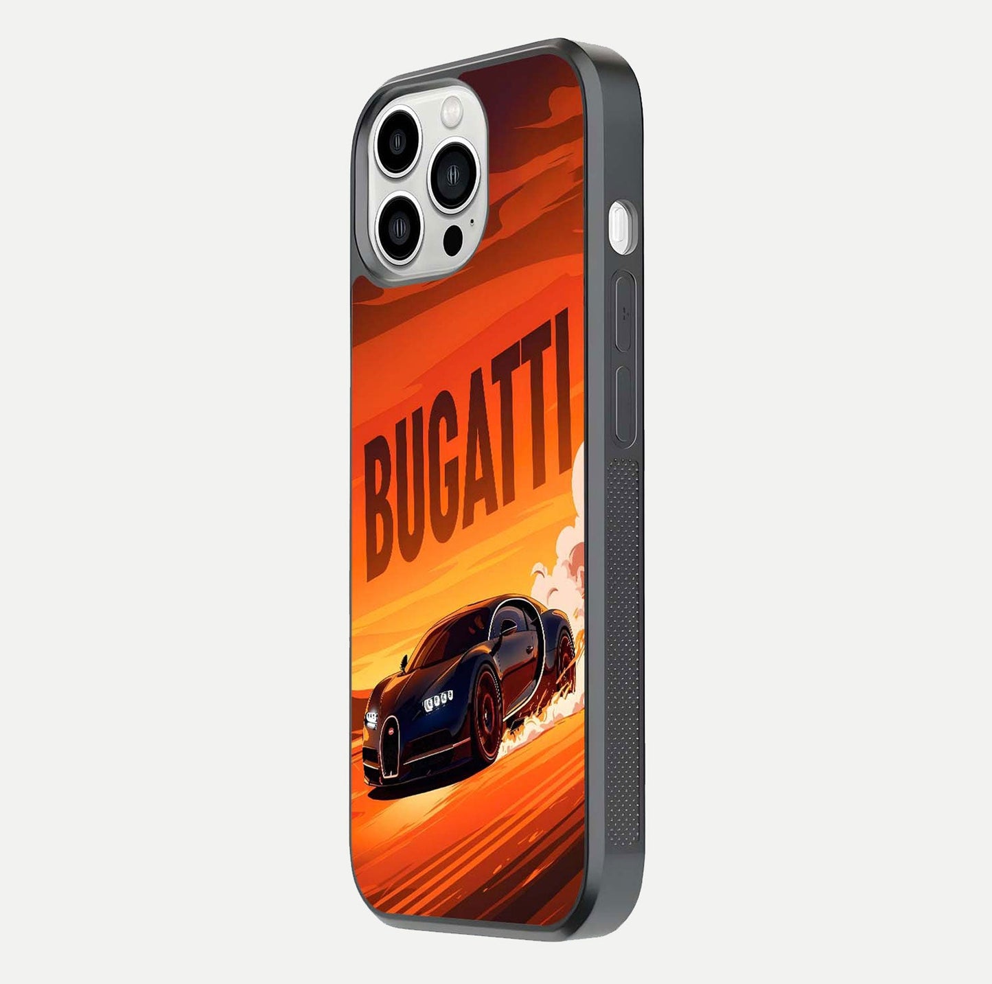 Inferno Bugatti Storm Glass Case for iPhone 13 Pro Max side-angle image showing reflection glow and vibrant red tones
