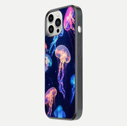 Jellyfish Pattern Glass Case for iPhone 13 Pro Max side-angle image showing reflection glow and soft water-blue gradient