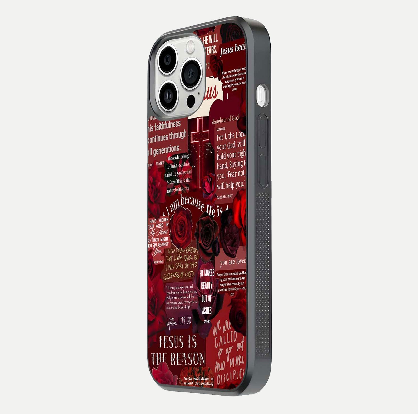 Jesus Love Heals Glass Case for iPhone 13 Pro Max side-angle image highlighting gloss depth and spiritual aura