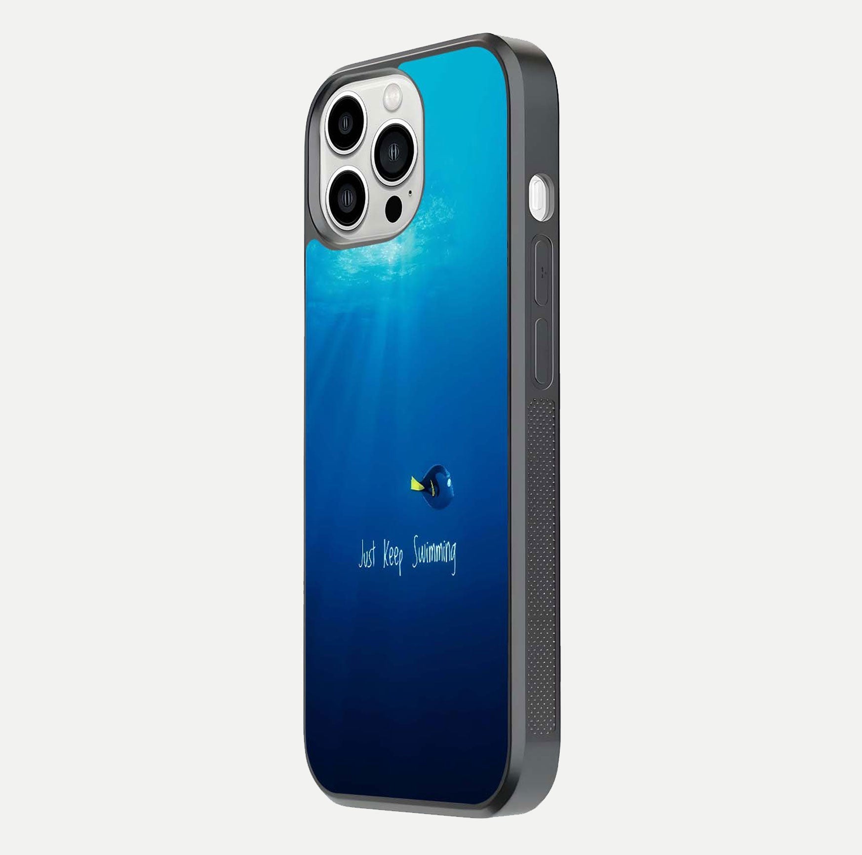 Just Keep Swimming Glass Case for iPhone 13 Pro Max side-angle image highlighting reflective surface and positive quote