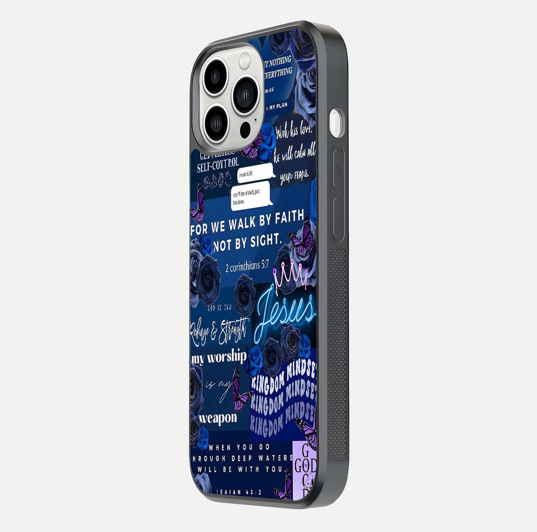 Kingdom Faith Glow Glass Case for iPhone 13 Pro Max side-angle image with reflective cross and faith glow