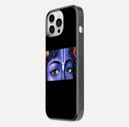 Krishna Eye Glass Case for iPhone 13 Pro Max side-angle image showing reflection clarity and Krishna symbol design