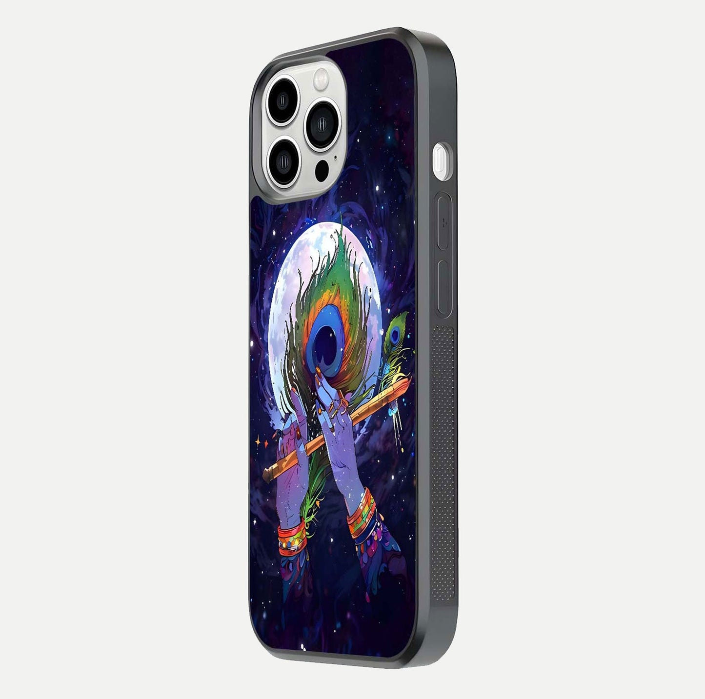 Krishna Hands Art Glass Case for iPhone 13 Pro Max side-angle image highlighting reflection brightness and vivid print