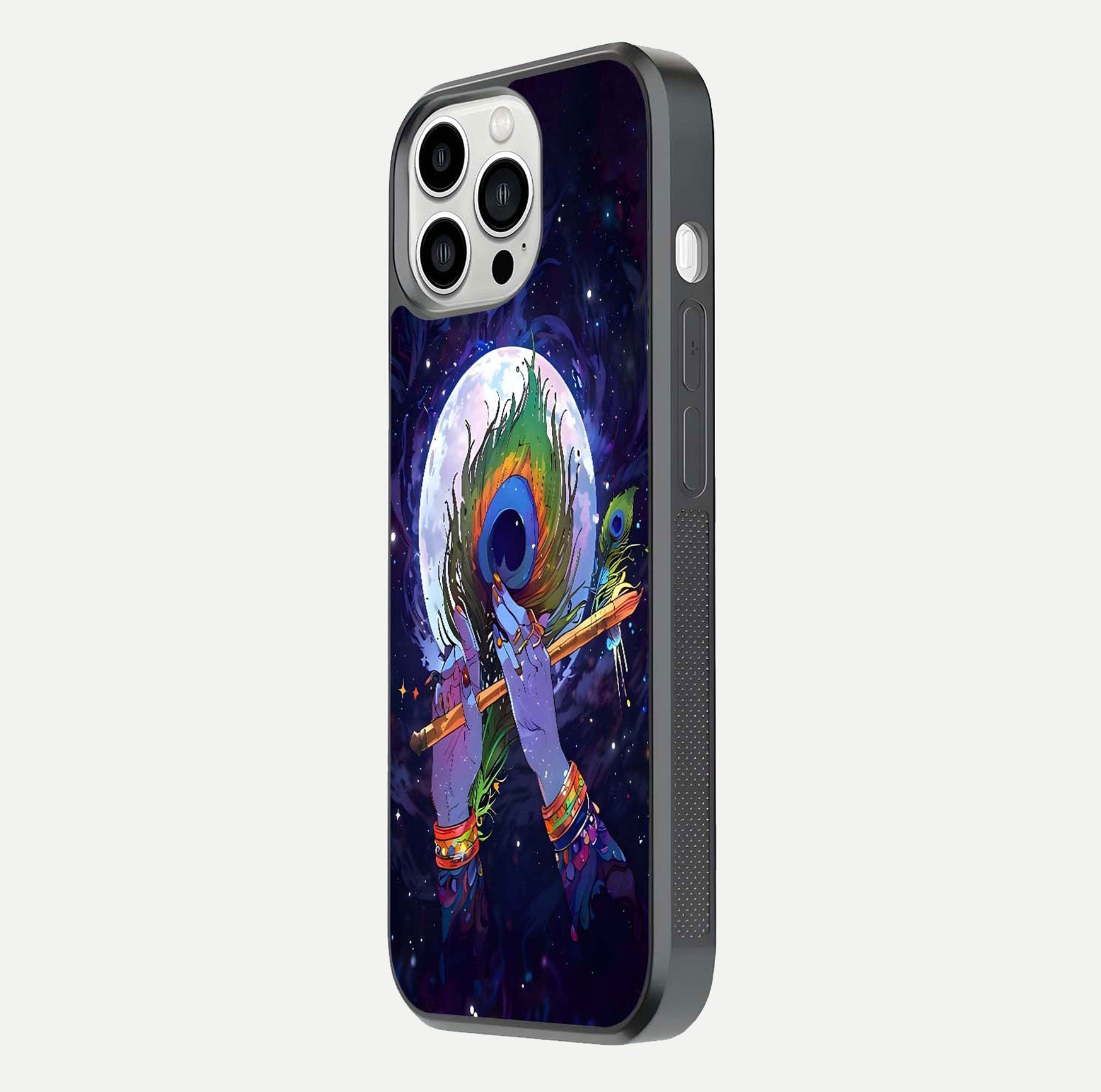 Krishna Hands Art Glass Case for iPhone 13 Pro Max side-angle image highlighting reflection brightness and vivid print