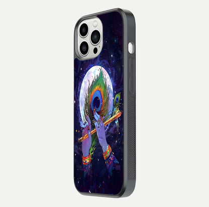 Krishna Hands Art Glass Case for iPhone 13 Pro Max side-angle image highlighting reflection brightness and vivid print