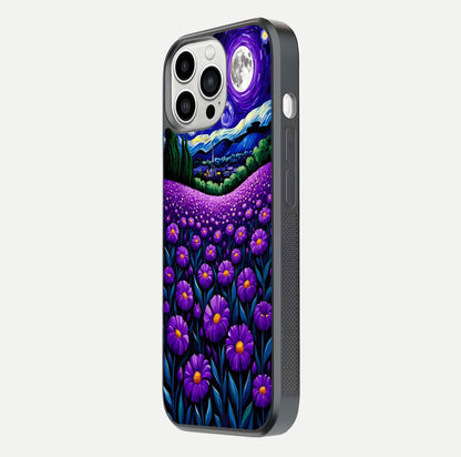 Lavender Moon Field Glass Case for iPhone 13 Pro Max side-angle image showing HD reflection and moonlit lavender art
