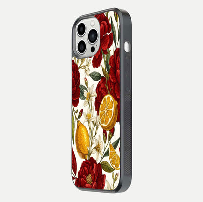 Lemon Rose Charm Glass Case for iPhone 13 Pro Max side-angle image revealing reflection depth and vibrant flower art