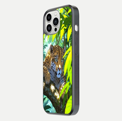 Leopard in Jungle Glass Case for iPhone 13 Pro Max side-angle shot emphasizing contrast and fierce design clarity