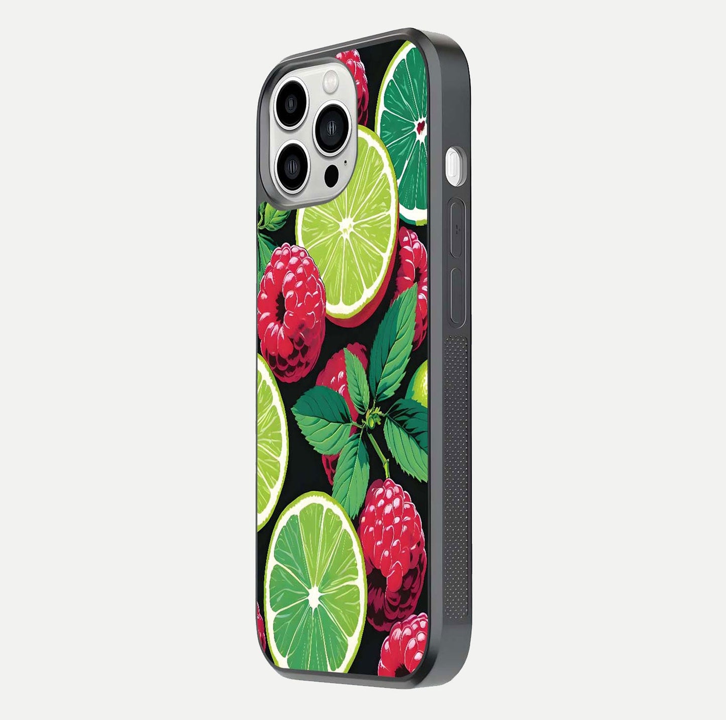 Lime and Raspberry Pattern Glass Case for iPhone 13 Pro Max side-angle view revealing colorful fruit artwork details