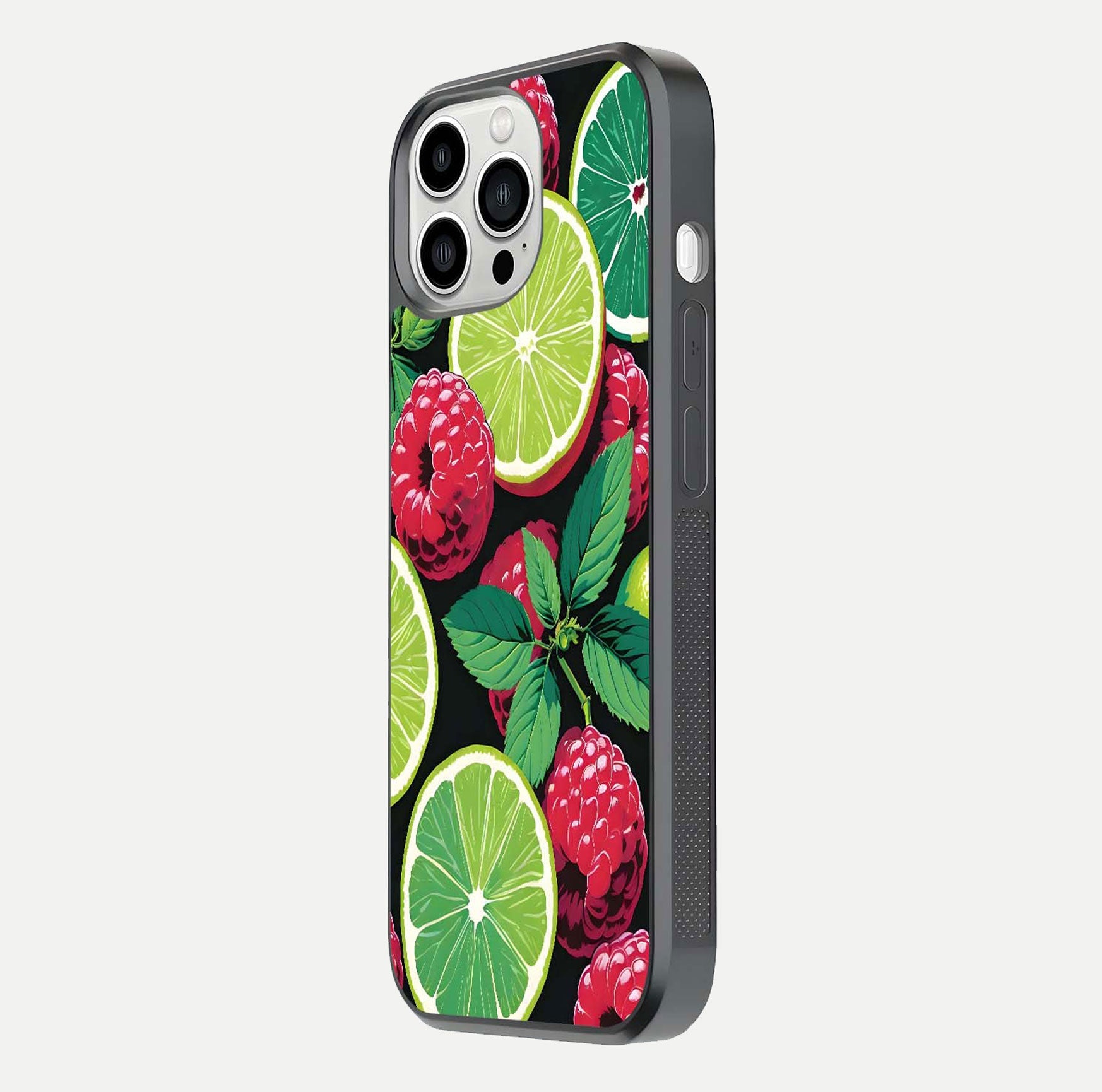 Lime and Raspberry Pattern Glass Case for iPhone 13 Pro Max side-angle view revealing colorful fruit artwork details
