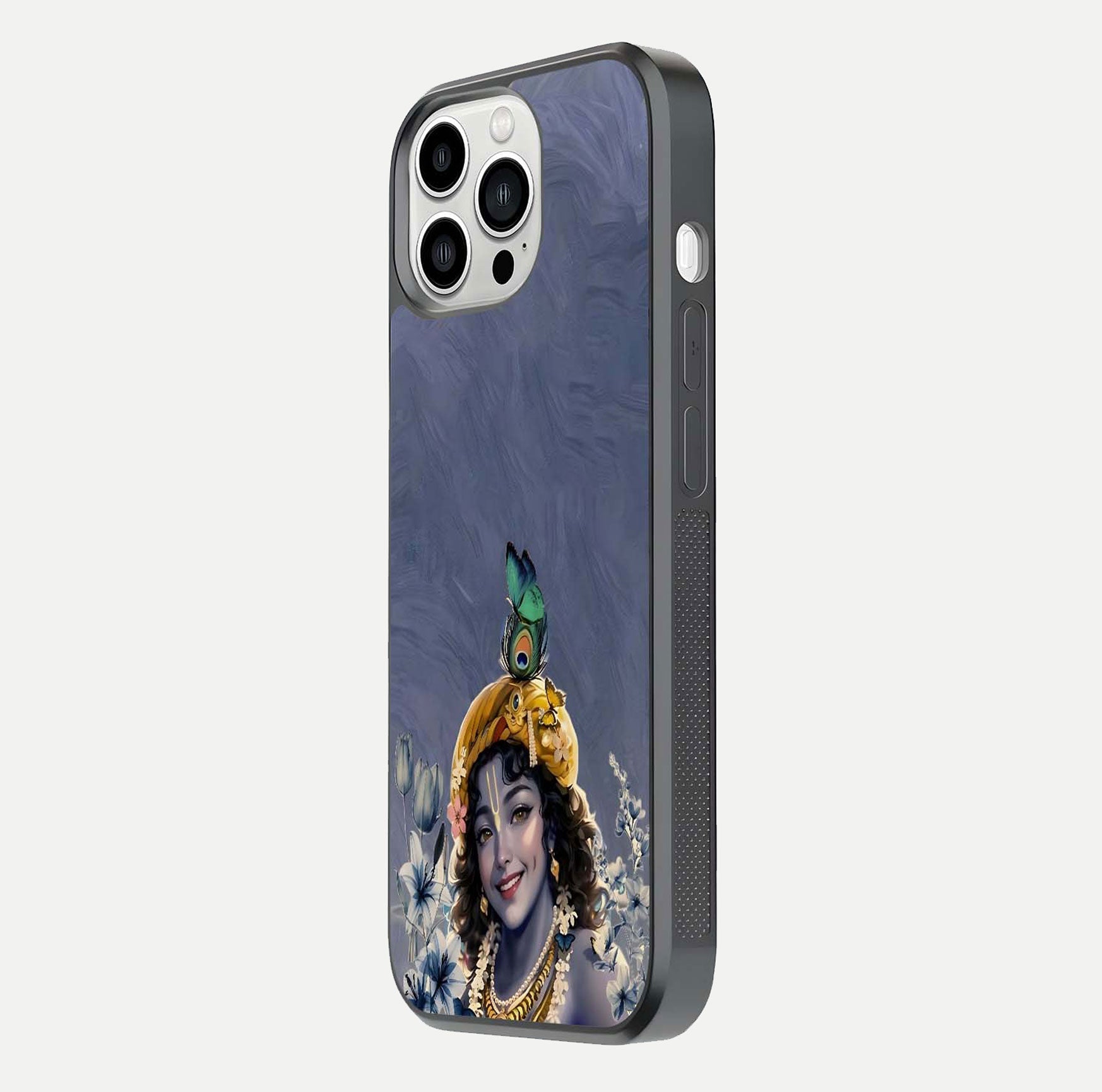 Lord Krishna Glass Case for iPhone 13 Pro Max side-angle image emphasizing premium reflection and sacred motif