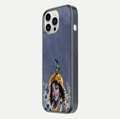 Lord Krishna Glass Case for iPhone 13 Pro Max side-angle image emphasizing premium reflection and sacred motif