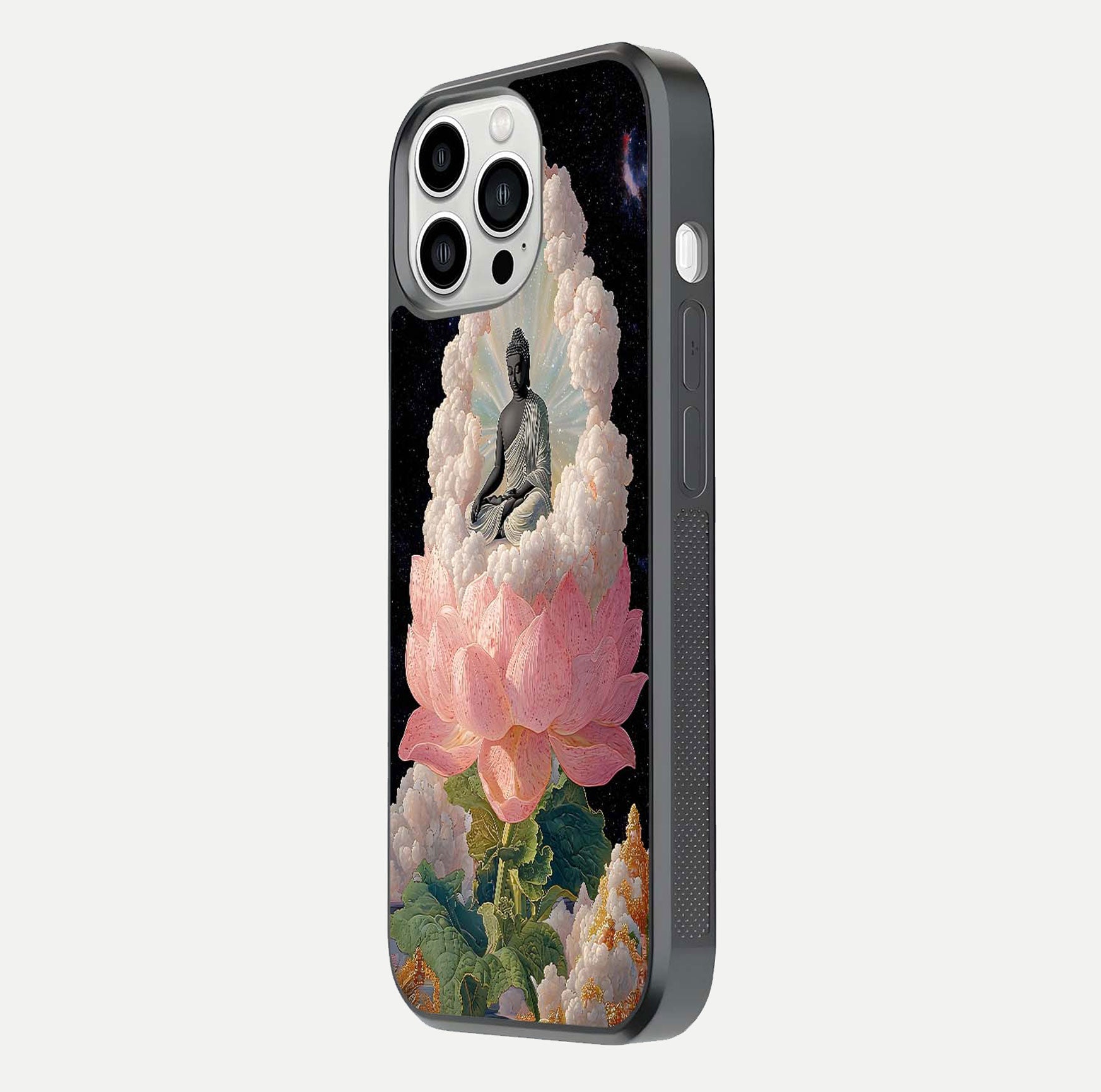 Lotus Divine Peace Glass Case for iPhone 13 Pro Max side-angle shot showing elegant shine and floral symmetry