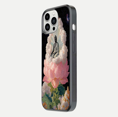 Lotus Divine Peace Glass Case for iPhone 13 Pro Max side-angle shot showing elegant shine and floral symmetry