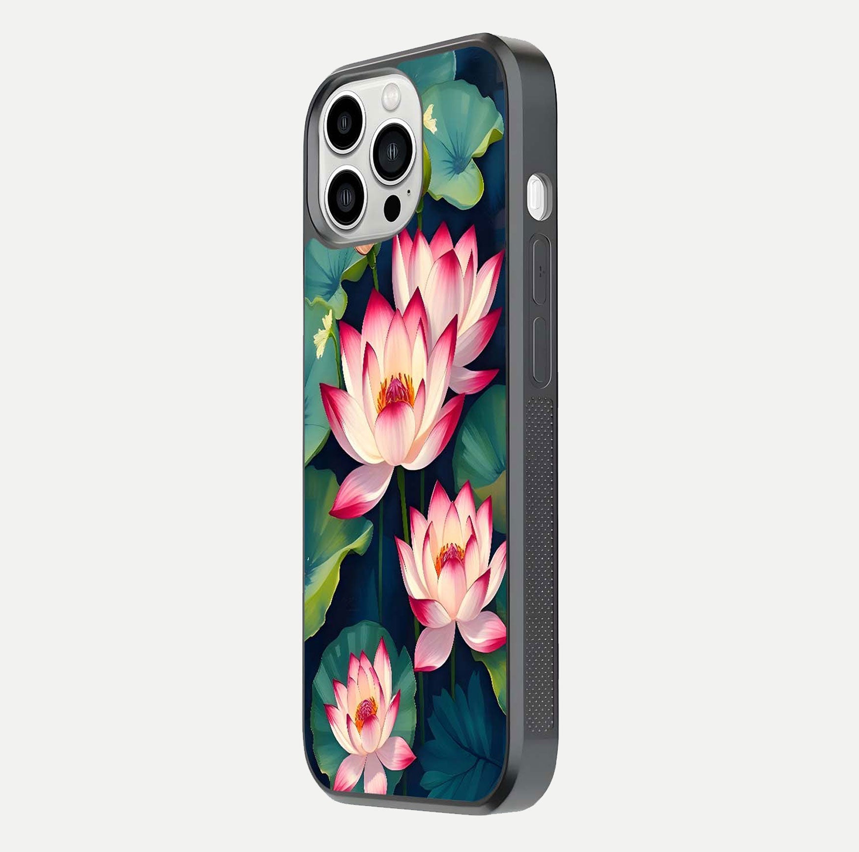Lotus Dream Serenity Glass Case for iPhone 13 Pro Max side-angle image revealing reflection clarity and calm tones