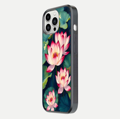 Lotus Dream Serenity Glass Case for iPhone 13 Pro Max side-angle image revealing reflection clarity and calm tones
