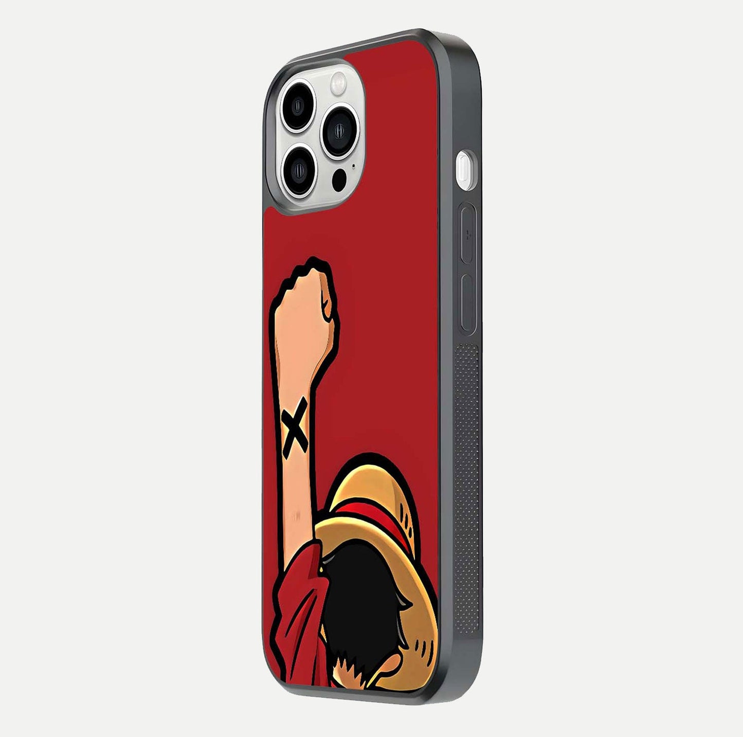Luffy X Spirit Glass Case for iPhone 13 Pro Max side-angle image highlighting reflection strength and anime print