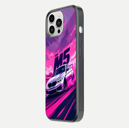 MS Neon Car Glass Case for iPhone 13 Pro Max side-angle image showing glow reflection and car detailing