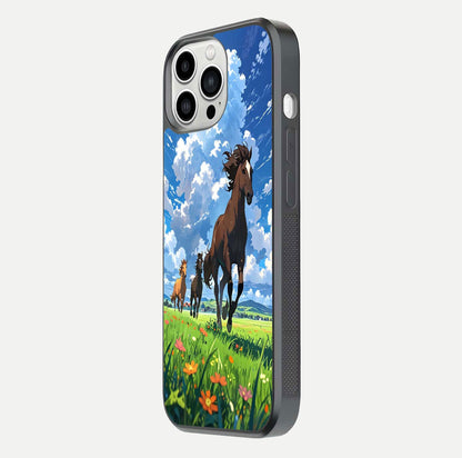 Majestic Horses Galloping Glass Case for iPhone 13 Pro Max side-angle shot emphasizing reflection and running artwork