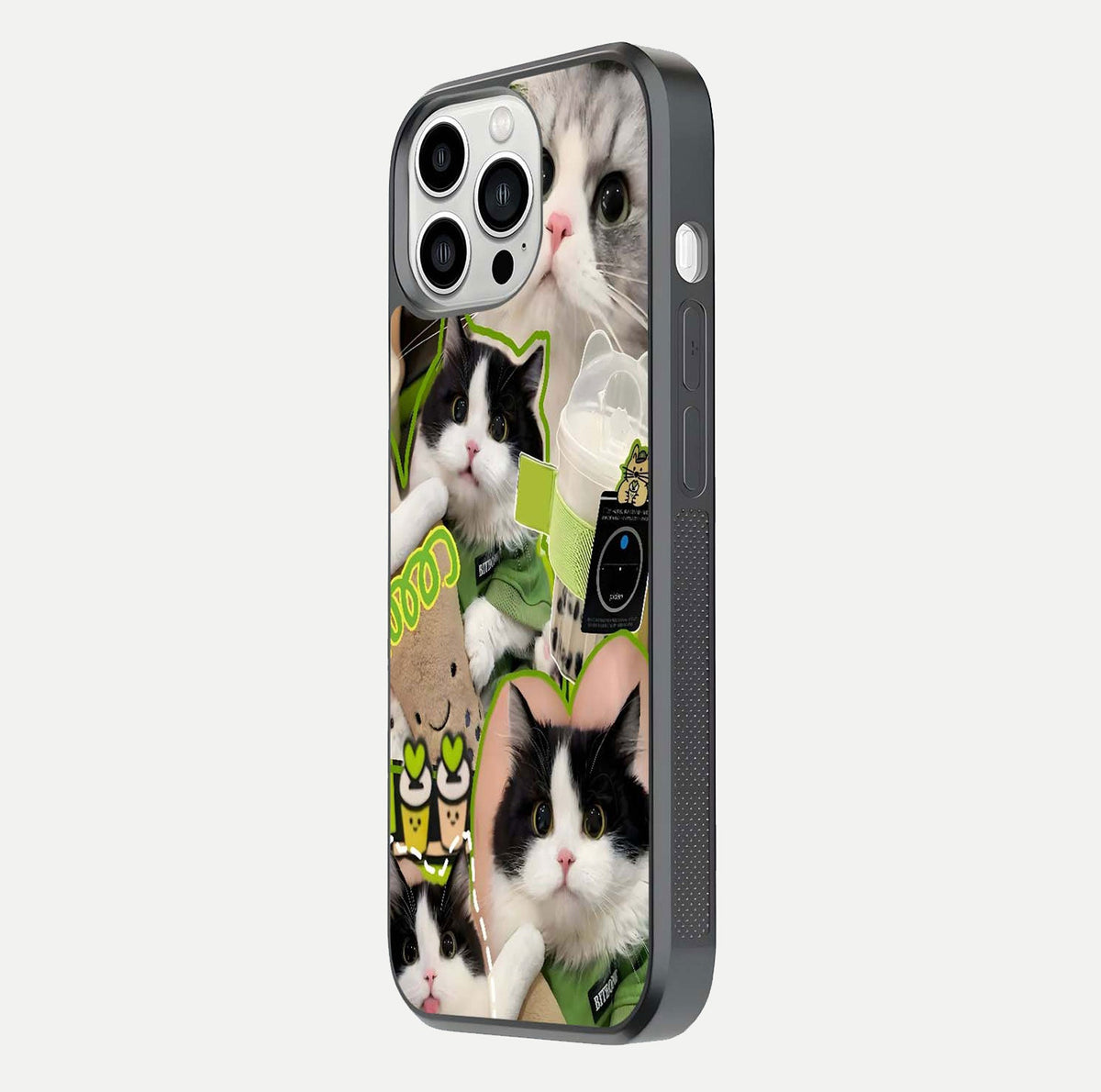 Matcha Cats Mood Glass Case for iPhone 13 Pro Max side-angle image showing shine clarity and cat pattern charm